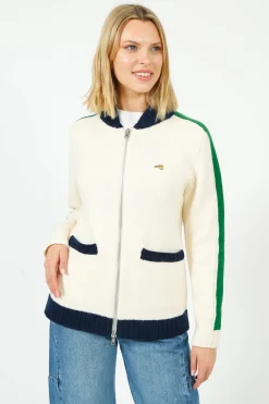 BF College Zip Up Bomber Jacket in Cream, Green
