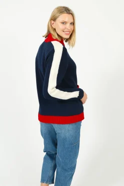 BF College Zip Up Bomber Jacket in Navy, Red