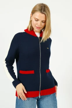 BF College Zip Up Bomber Jacket in Navy, Red