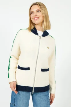 BF College Zip Up Bomber Jacket in Cream, Green