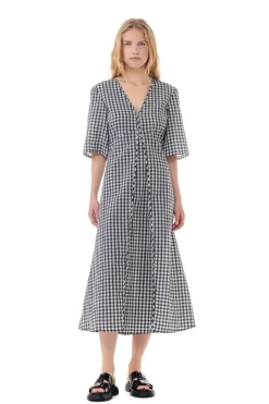 GANNI F9308 Seersucker Check Dress in Egret
