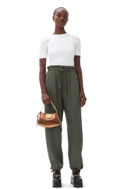 GANNI F9556 Washed Satin Elasticated Waist Pants in Climbing Ivy