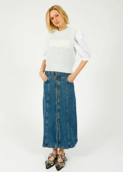 GANNI K2348 Textured Cotton Pointelle Vest in Illusion Blue