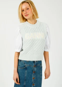 GANNI K2348 Textured Cotton Pointelle Vest in Illusion Blue