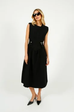 GANNI W0390 Heavy Cotton Tailoring Corset Midi Dress in Black