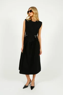 GANNI W0390 Heavy Cotton Tailoring Corset Midi Dress in Black