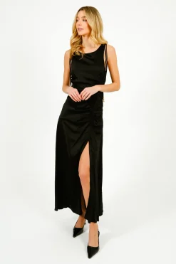 GANNI W0381 Solid Satin Gathered Long Dress in Black