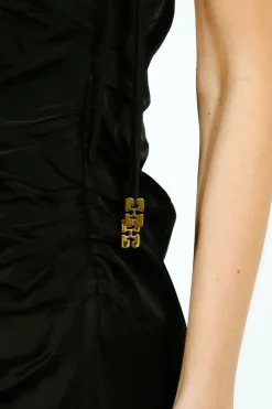 GANNI W0381 Solid Satin Gathered Long Dress in Black