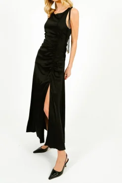 GANNI W0381 Solid Satin Gathered Long Dress in Black