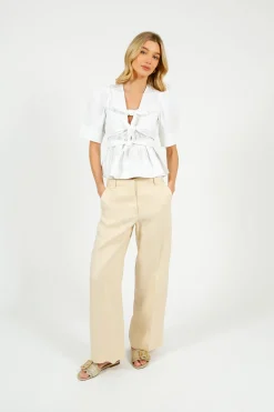 GANNI W0309 Washed Stretch Cotton Tie Strap Blouse in Bright White