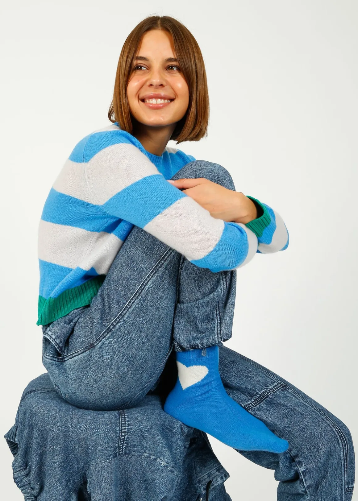 JU Contrast Stripe Crew in Sky, Fog, Emerald