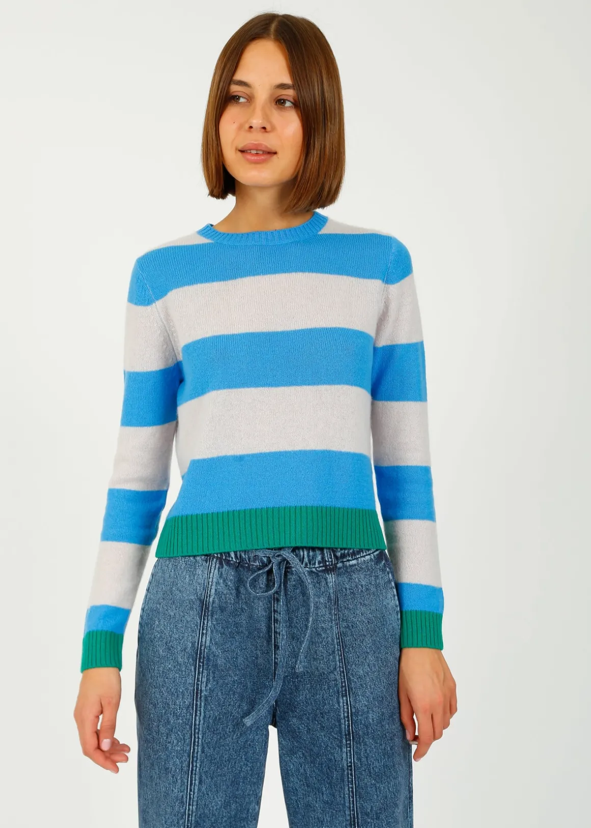 JU Contrast Stripe Crew in Sky, Fog, Emerald