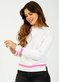 JU Heavy Trim Crew in Maritime White, Neon Pink