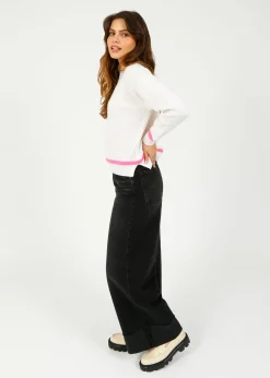 JU Heavy Trim Crew in Maritime White, Neon Pink