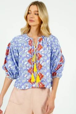 PDS 327 Lila Print Blouse with Orange Emb