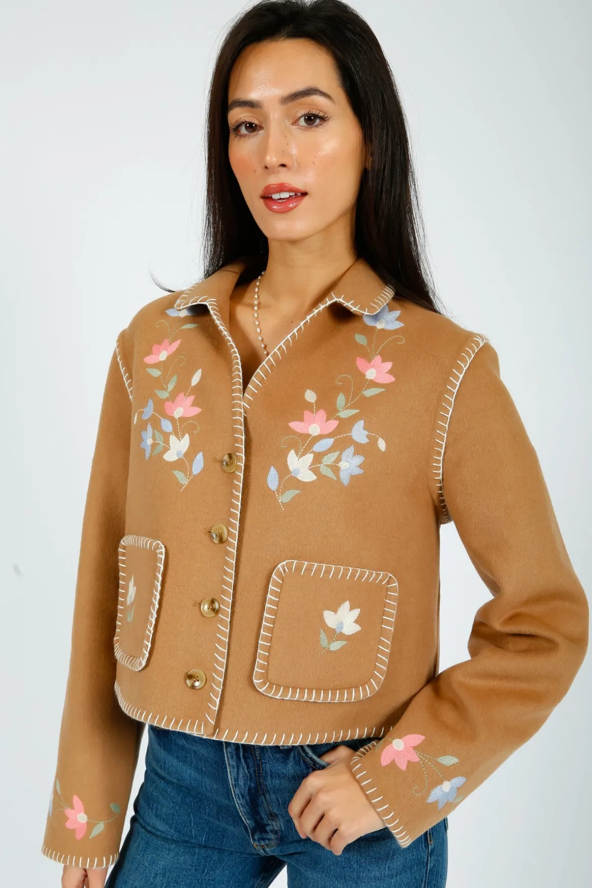 RIXO Sunday Jacket in Petal Embroidery Tan
