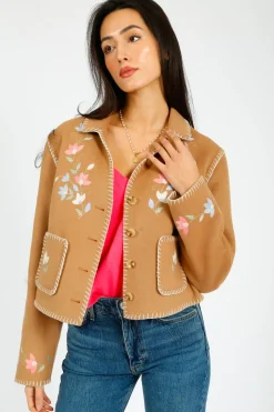 RIXO Sunday Jacket in Petal Embroidery Tan
