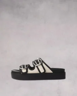 Ru0026B Geo Buckle Platform Slide in Antique Black, White