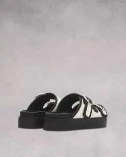 Ru0026B Geo Buckle Platform Slide in Antique Black, White