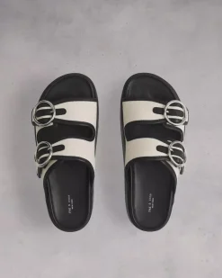 Ru0026B Geo Buckle Platform Slide in Antique Black, White