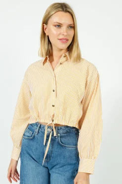 Ru0026B Georgie Stripe Poplin Shirt in Gold Stripe