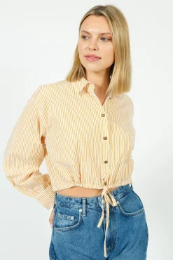 Ru0026B Georgie Stripe Poplin Shirt in Gold Stripe