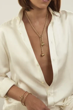 TS Double Ball Gold Lariat Necklace