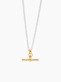 TS Gold T Bar Necklace on Silver Belcher Chain