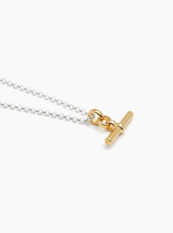 TS Gold T Bar Necklace on Silver Belcher Chain