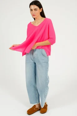 VK Katji V Neck Half Sleeve Knit in Hot Pink